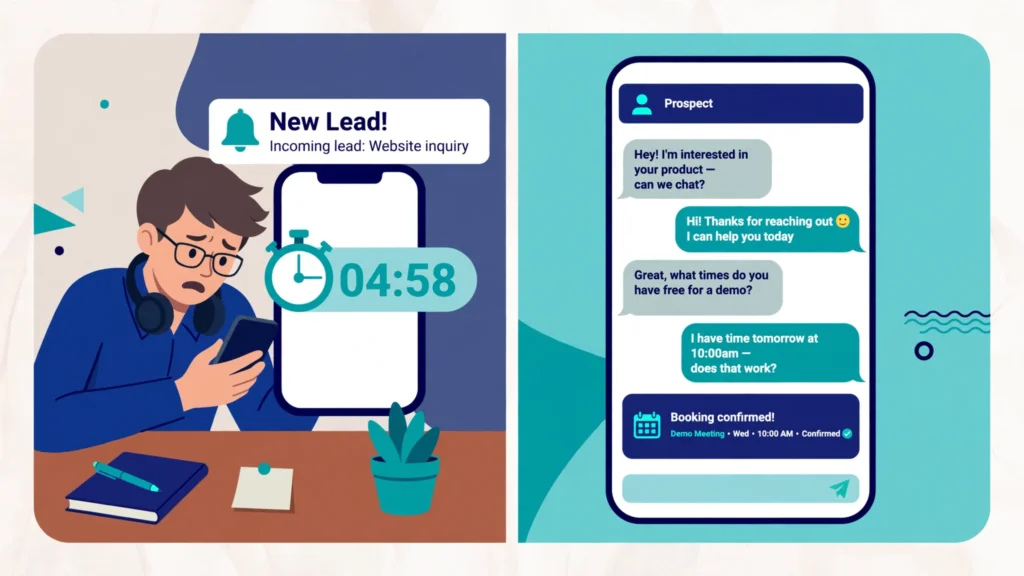 Stopwatch beside SMS conversation bubbles illustrating fast lead response times.