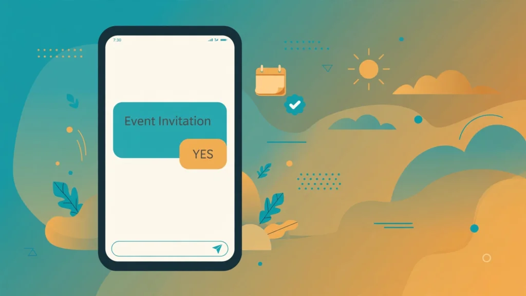 Smartphone showing an event RSVP text conversation with YES/NO keyword replies.