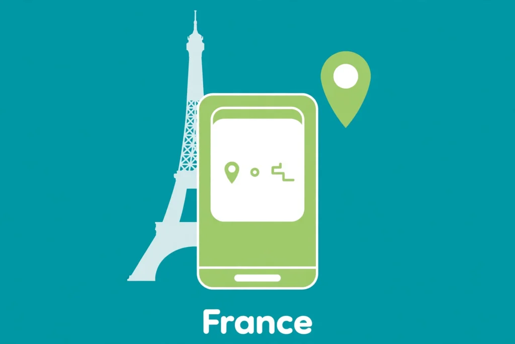 Flat teal and green illustration of a smartphone with the Eiffel Tower and a map pin, labeled France.