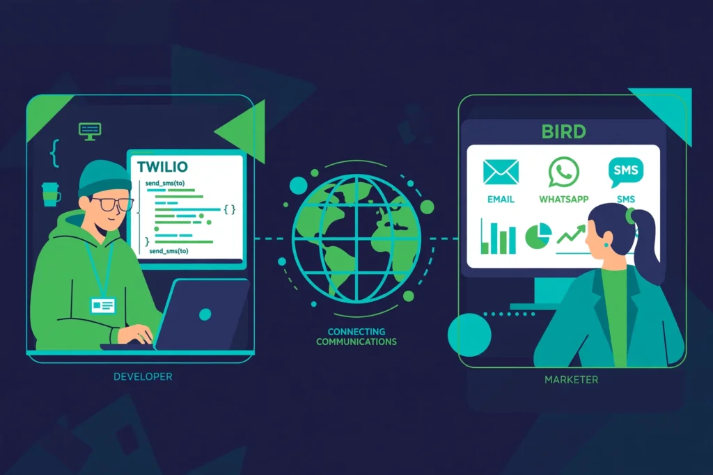 Illustration comparing Twilio and Bird, formerly MessageBird, with rebrand and pricing motifs.
