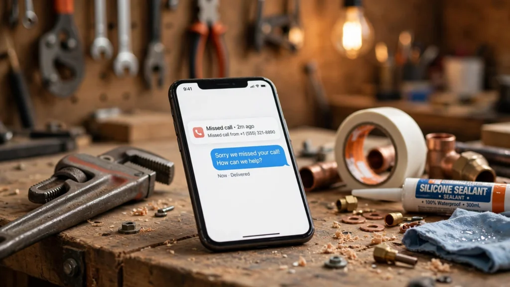 Phone call screen marked missed beside an instant SMS reply offering a callback.
