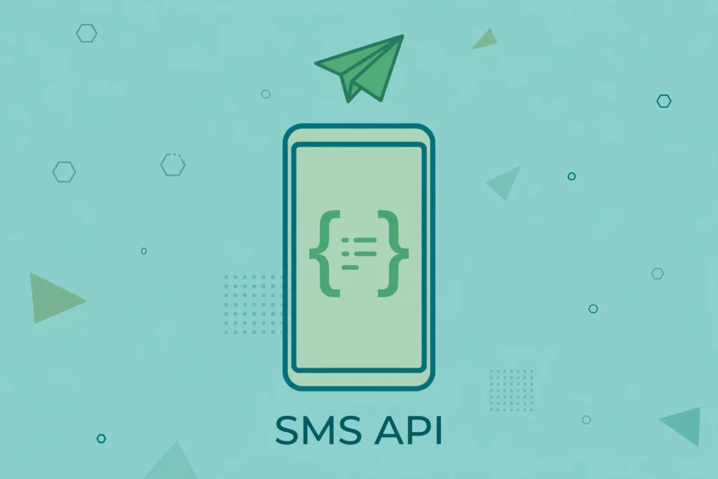 Flat teal illustration of a smartphone with code brackets and a paper plane above it, labeled SMS API.
