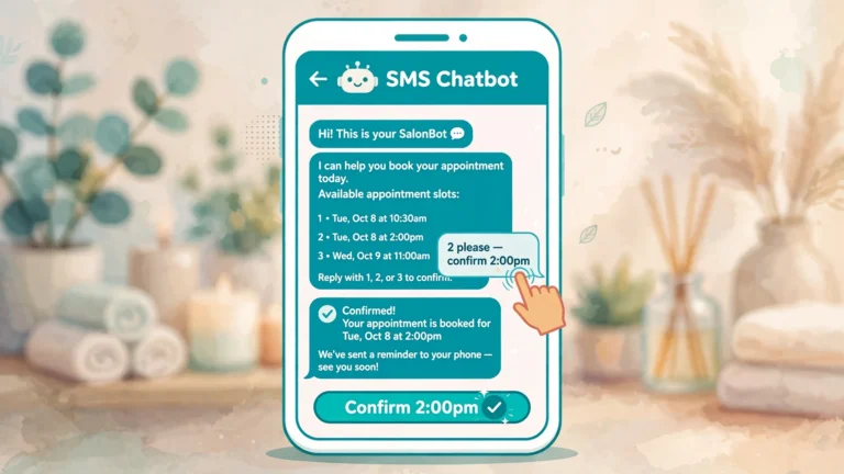 Smartphone showing a text-based booking conversation confirming a service appointment.