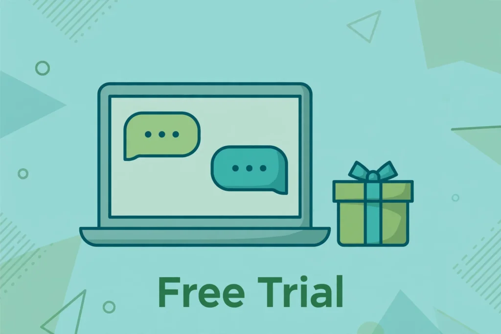 Flat teal illustration of a laptop showing SMS chat bubbles beside a gift box, labeled Free Trial.