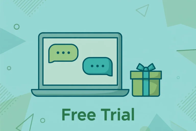 Flat teal illustration of a laptop showing SMS chat bubbles beside a gift box, labeled Free Trial.