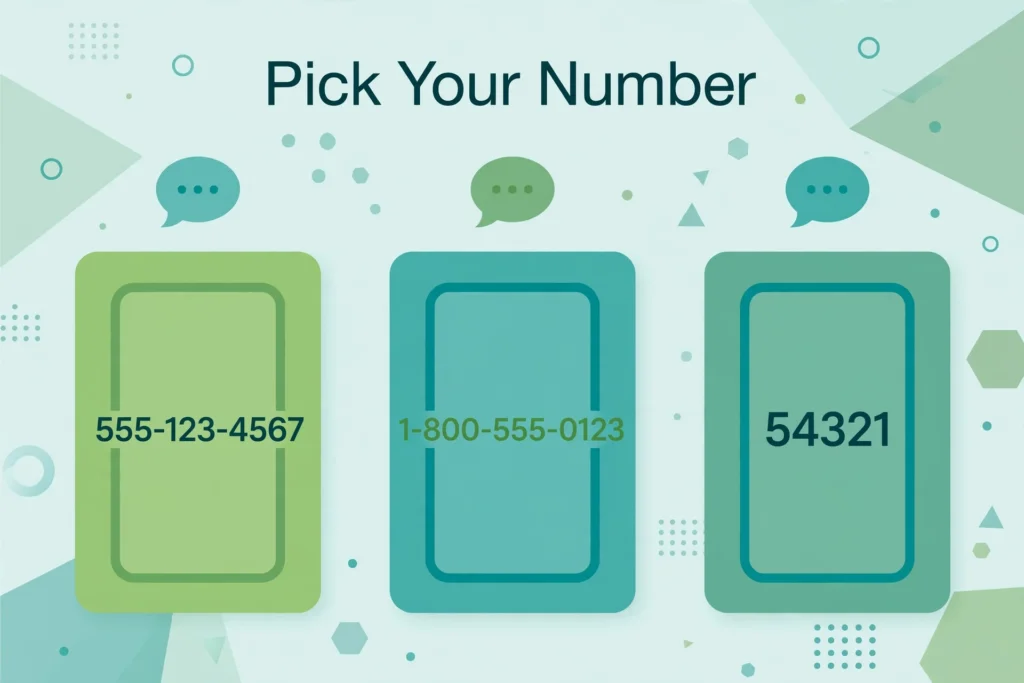 Flat teal illustration comparing three number cards, a 10-digit number, a toll-free number, and a short code, labeled Pick Your Number.