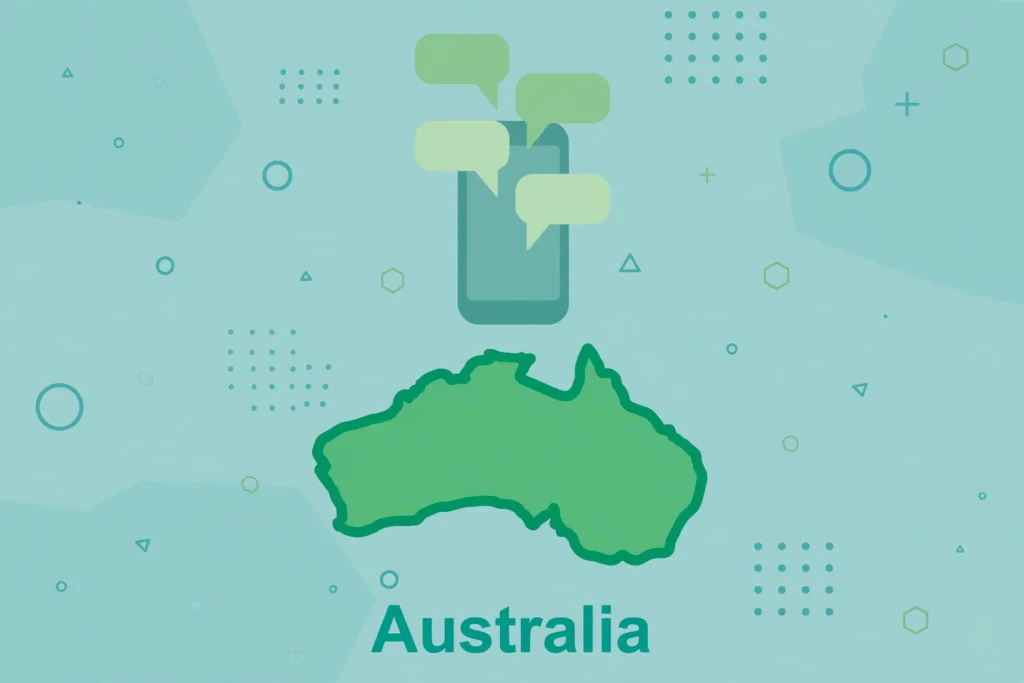 Flat teal illustration of an Australia map outline with a smartphone and message bubbles above it.