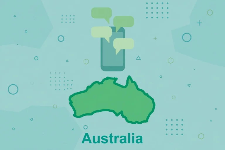 Flat teal illustration of an Australia map outline with a smartphone and message bubbles above it.