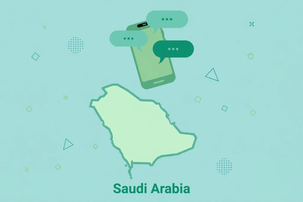 Flat teal illustration of a Saudi Arabia map outline with a smartphone and message bubbles above it.