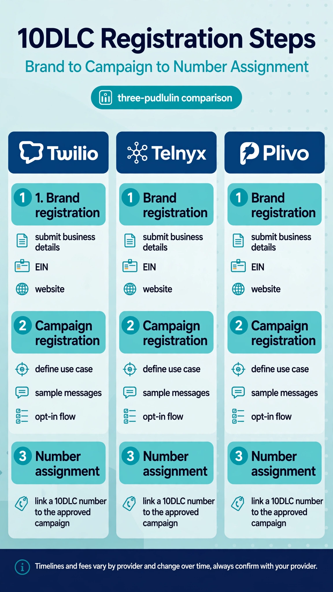 Infographic comparing 10DLC registration steps across Twilio, Telnyx, and Plivo: brand, campaign, and number setup.