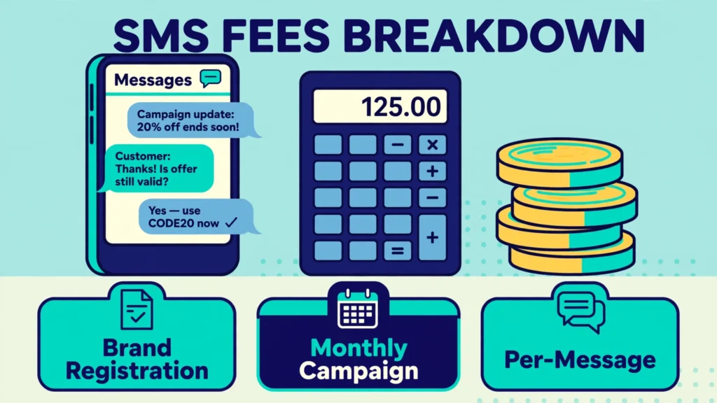 Illustration of a calculator and dollar icons representing 10DLC messaging costs.