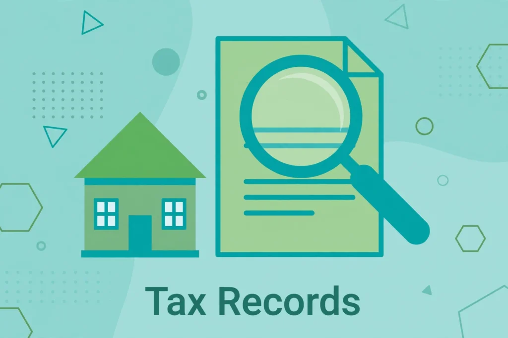 Flat teal illustration of a house beside a document with a magnifying glass over it, labeled Tax Records.