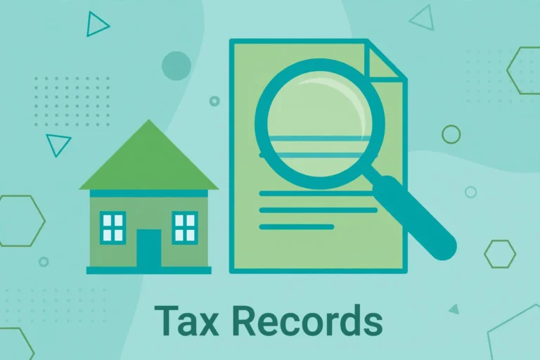 Flat teal illustration of a house beside a document with a magnifying glass over it, labeled Tax Records.