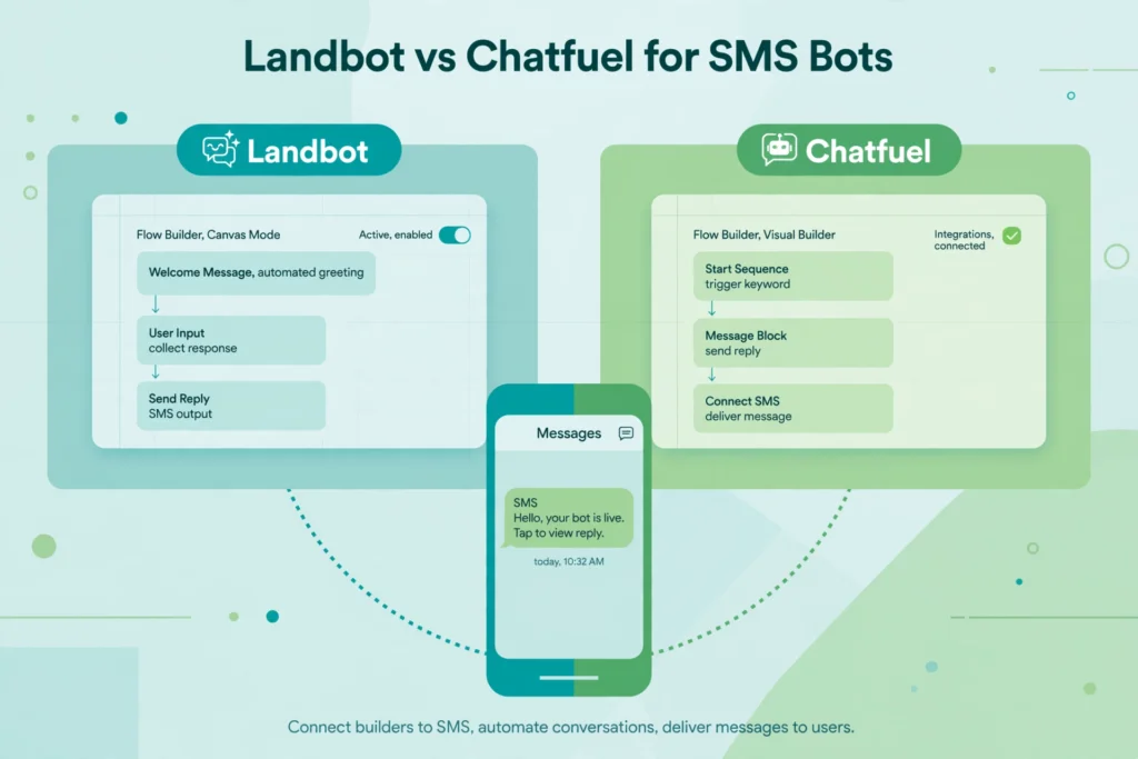Illustration of Landbot and Chatfuel flow builder canvases connected by a dotted line to a phone showing an SMS bubble.