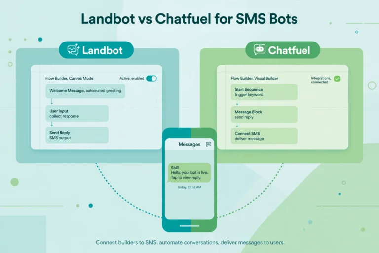 Illustration of Landbot and Chatfuel flow builder canvases connected by a dotted line to a phone showing an SMS bubble.