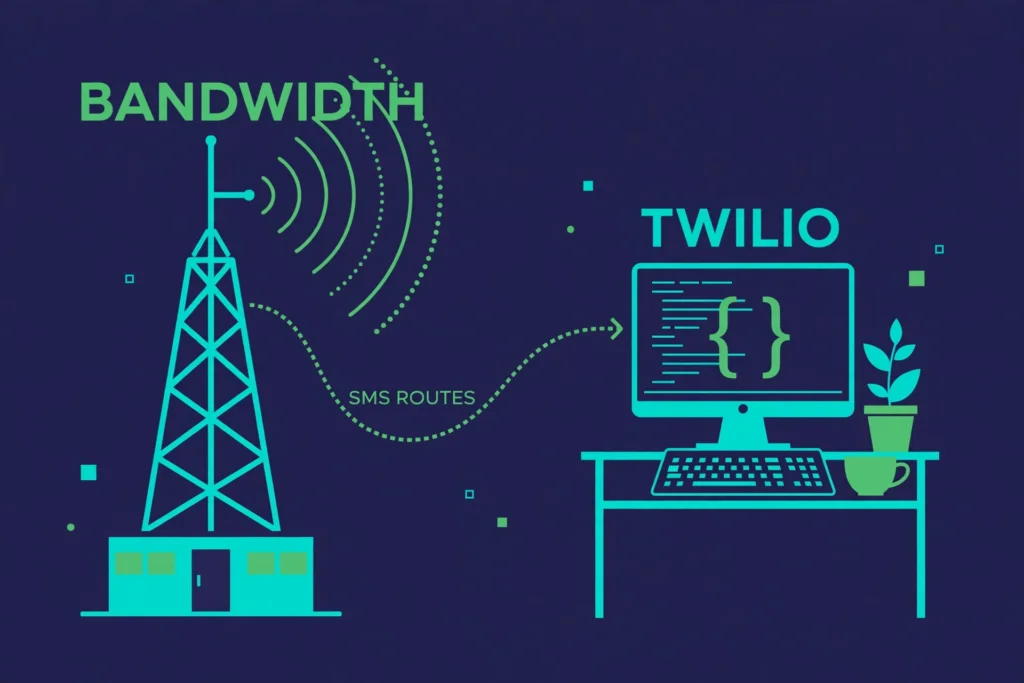Illustration comparing Twilio and Bandwidth with carrier network and US enterprise imagery.