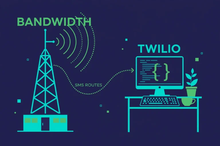 Illustration comparing Twilio and Bandwidth with carrier network and US enterprise imagery.