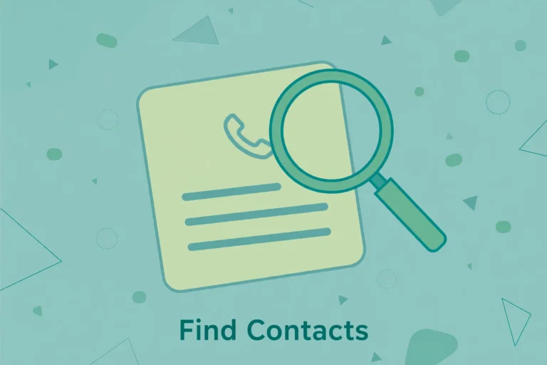 Flat teal illustration of a magnifying glass over a contact card with a phone icon, labeled Find Contacts.
