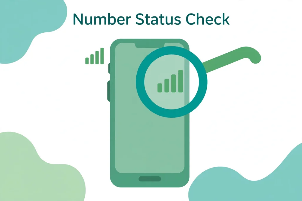 Flat illustration of a smartphone with a magnifying glass checking number status in teal and green.