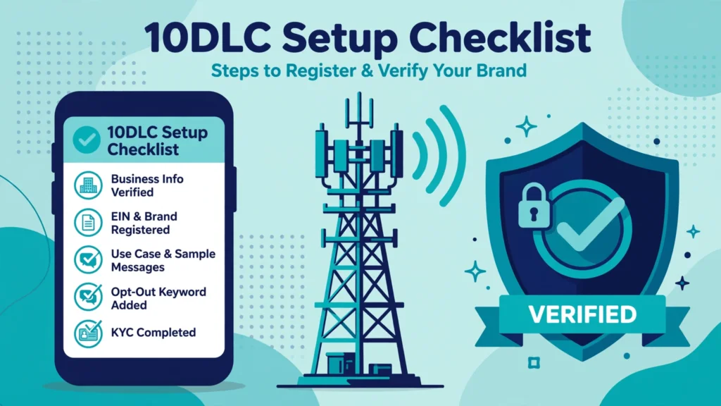 Illustration of a 10DLC setup checklist next to a carrier tower and verification shield.