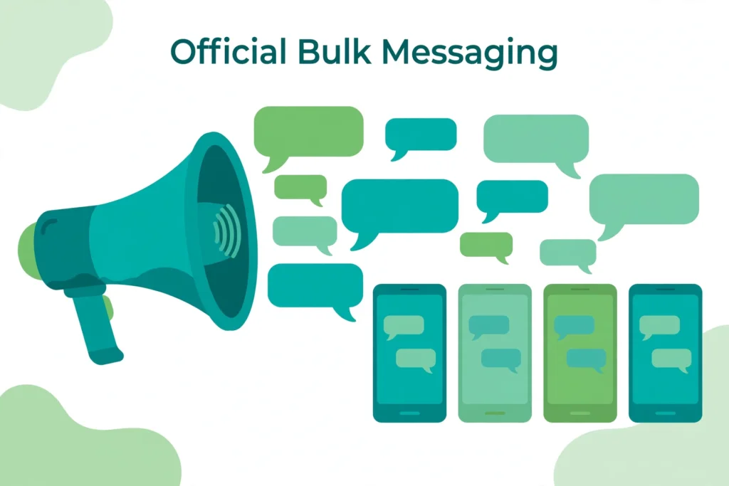 Flat illustration of a megaphone sending chat bubbles to smartphones in teal and green.