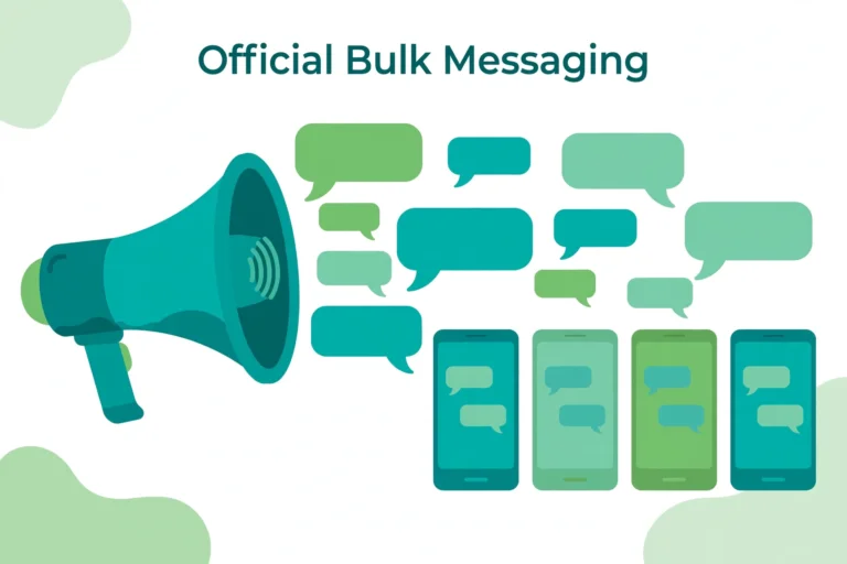 Flat illustration of a megaphone sending chat bubbles to smartphones in teal and green.