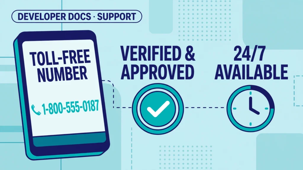 Illustration of a toll-free number on a smartphone with an approval badge and clock.