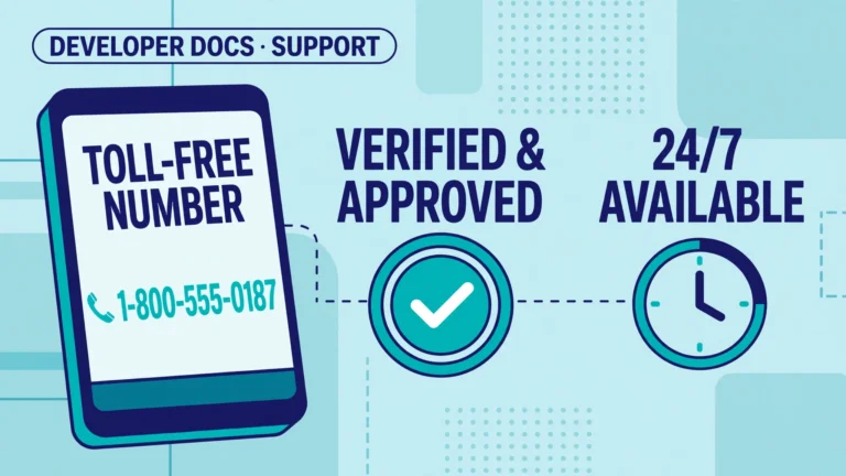 Illustration of a toll-free number on a smartphone with an approval badge and clock.