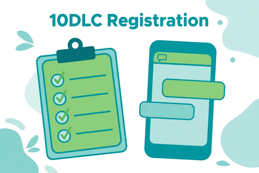 Flat illustration of a registration checklist beside a smartphone in teal and green.