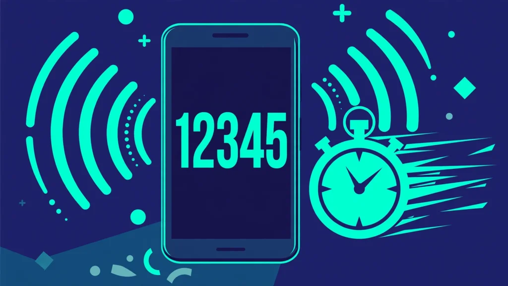 Illustration of a 5-digit short code on a smartphone with broadcast waves and a stopwatch.