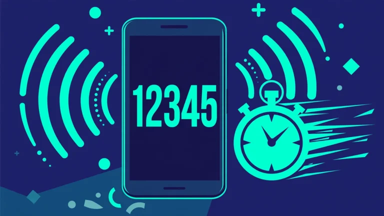Illustration of a 5-digit short code on a smartphone with broadcast waves and a stopwatch.