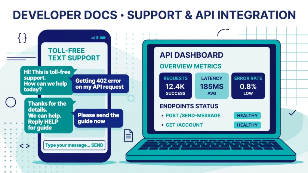 Smartphone showing a toll-free text conversation beside a laptop with an API dashboard.