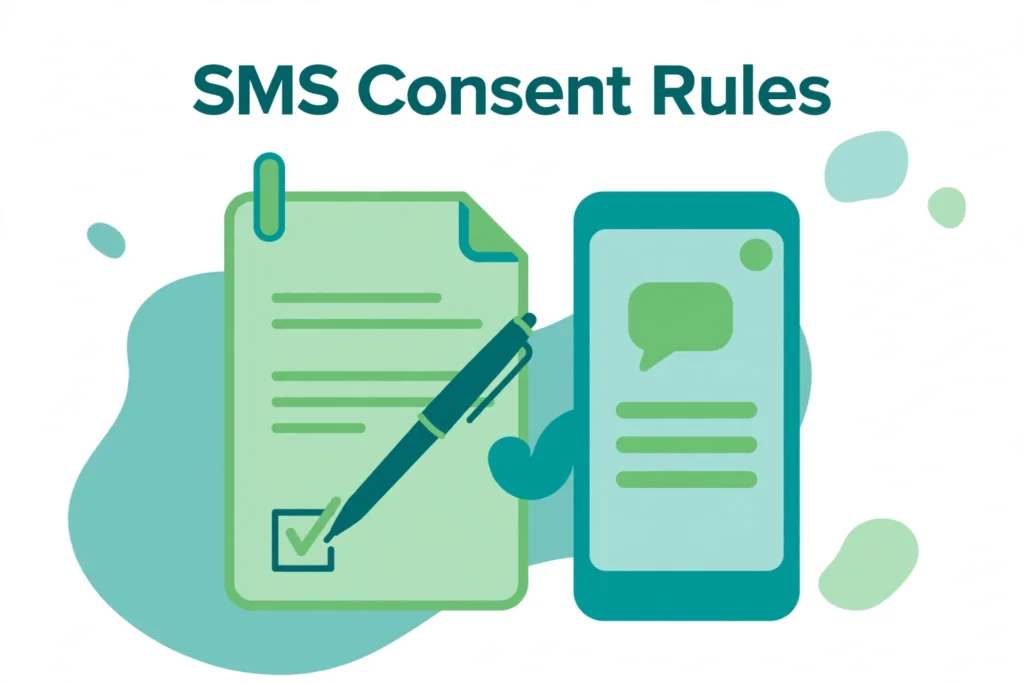 Flat illustration of a signed consent document next to a smartphone in teal and green.