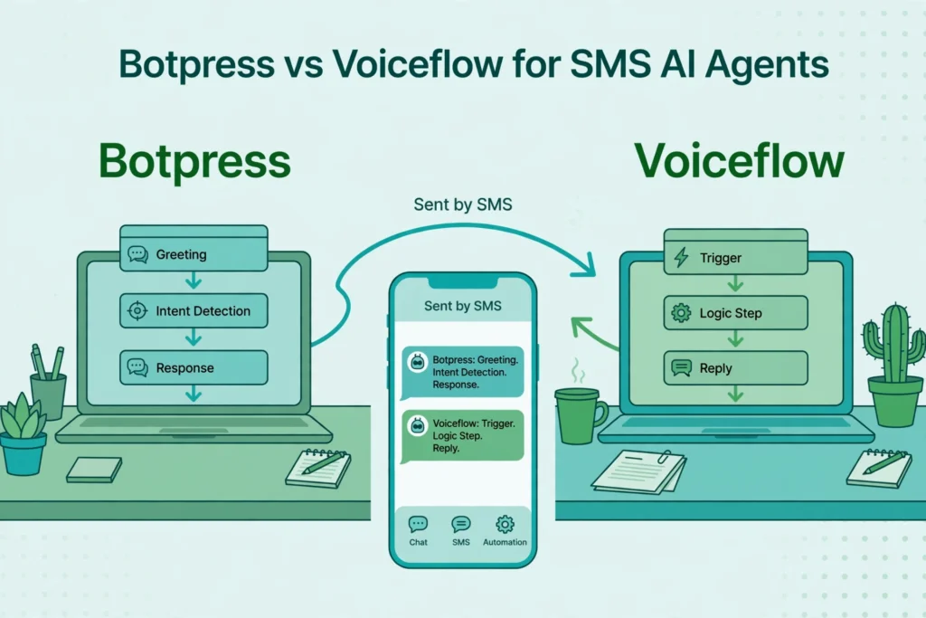 Illustration of two developer desks running Botpress and Voiceflow chatbot canvases, with a phone receiving SMS messages from both.