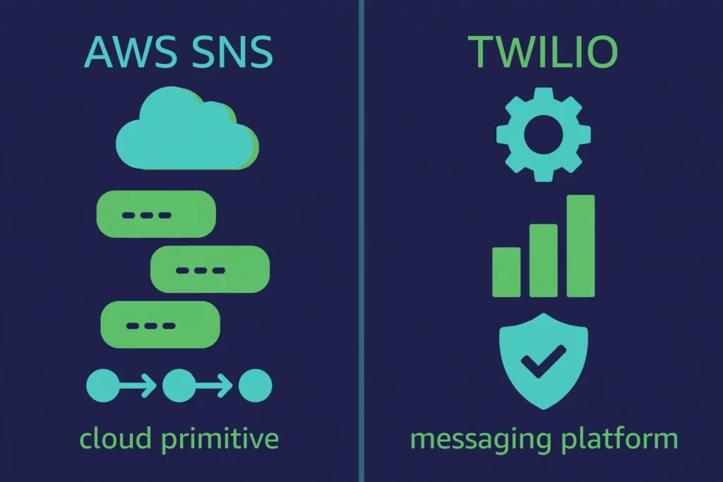 Illustration comparing Twilio and AWS SNS with cloud and messaging icons.