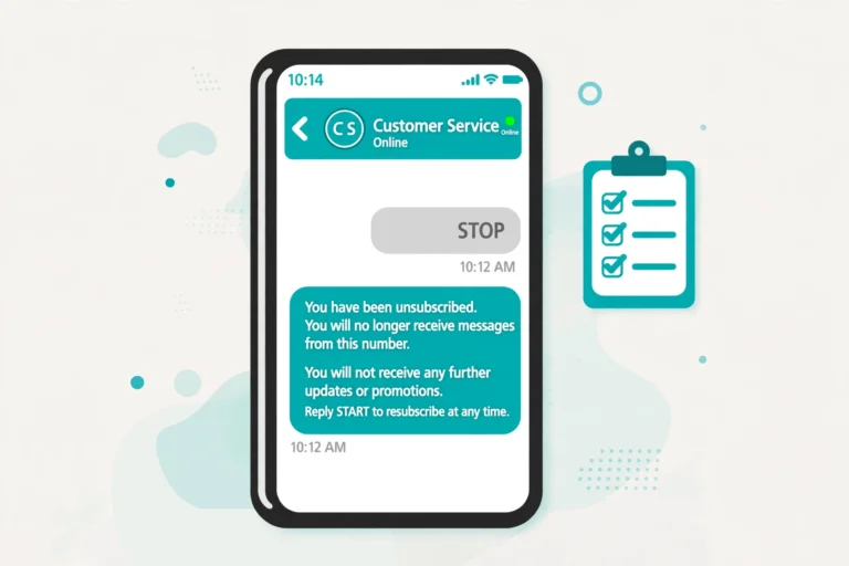 Illustration of a smartphone SMS thread where a customer texts STOP and receives an unsubscribe confirmation, beside a checklist clipboard.
