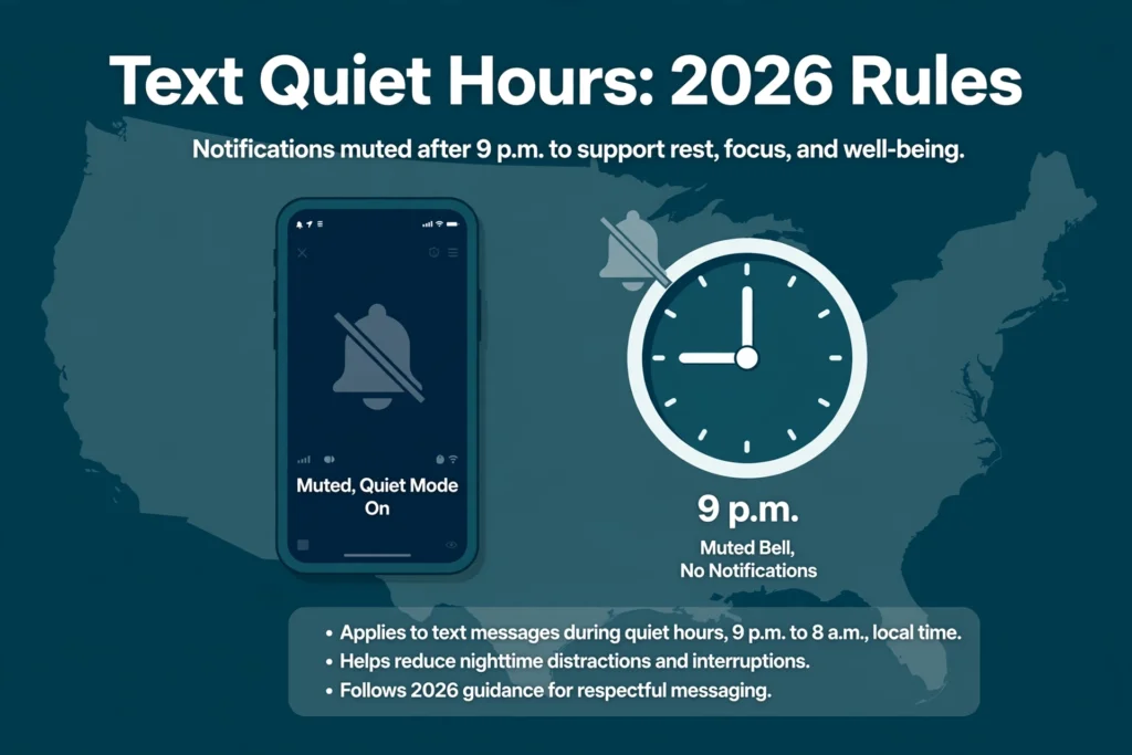 Graphic of a muted phone and a clock showing 9 p.m. over a U.S. map silhouette, titled Text Quiet Hours: 2026 Rules.