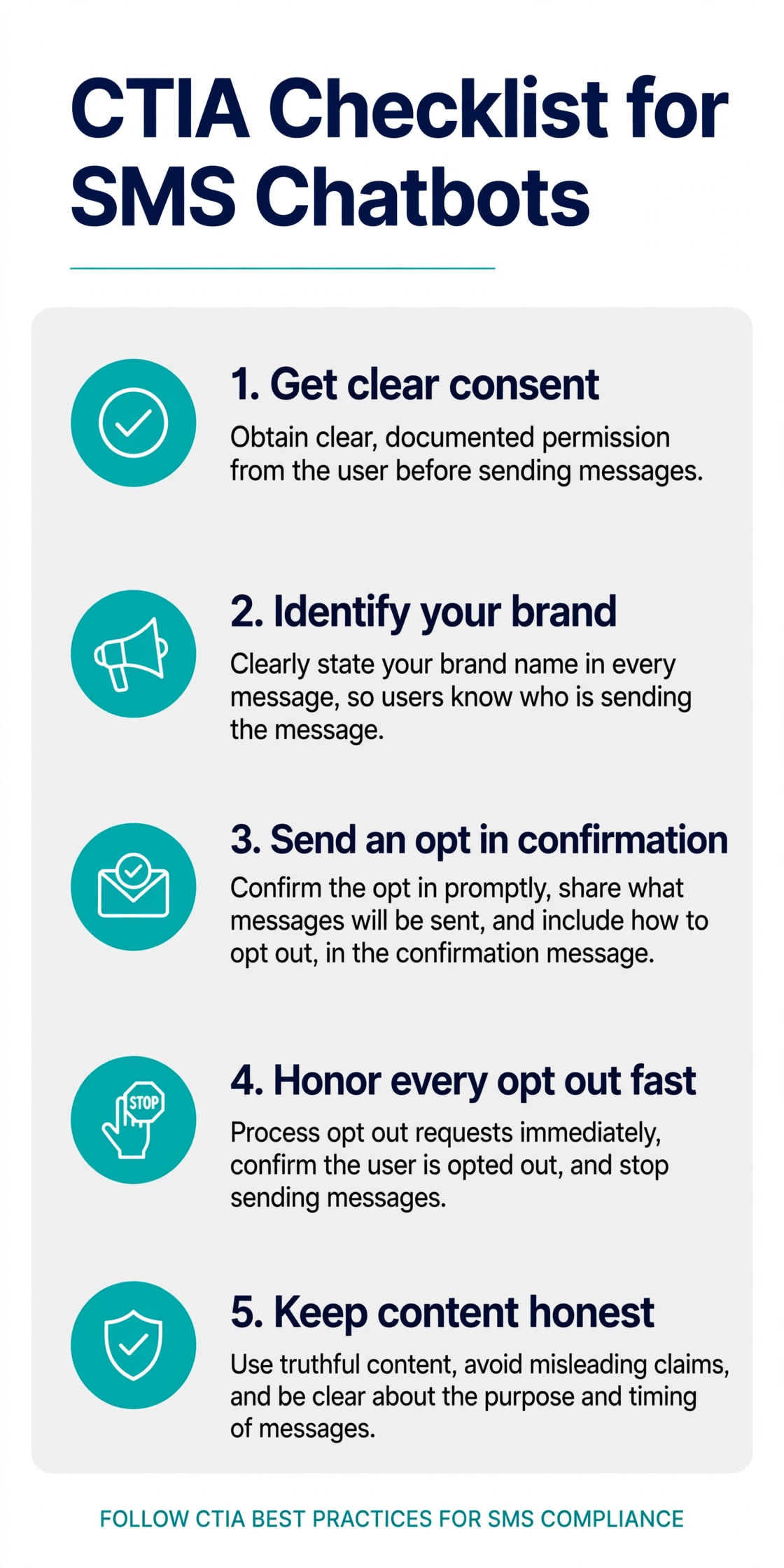 Five-step CTIA checklist for SMS chatbots: get consent, identify your brand, send confirmation, honor opt-outs, keep content honest.