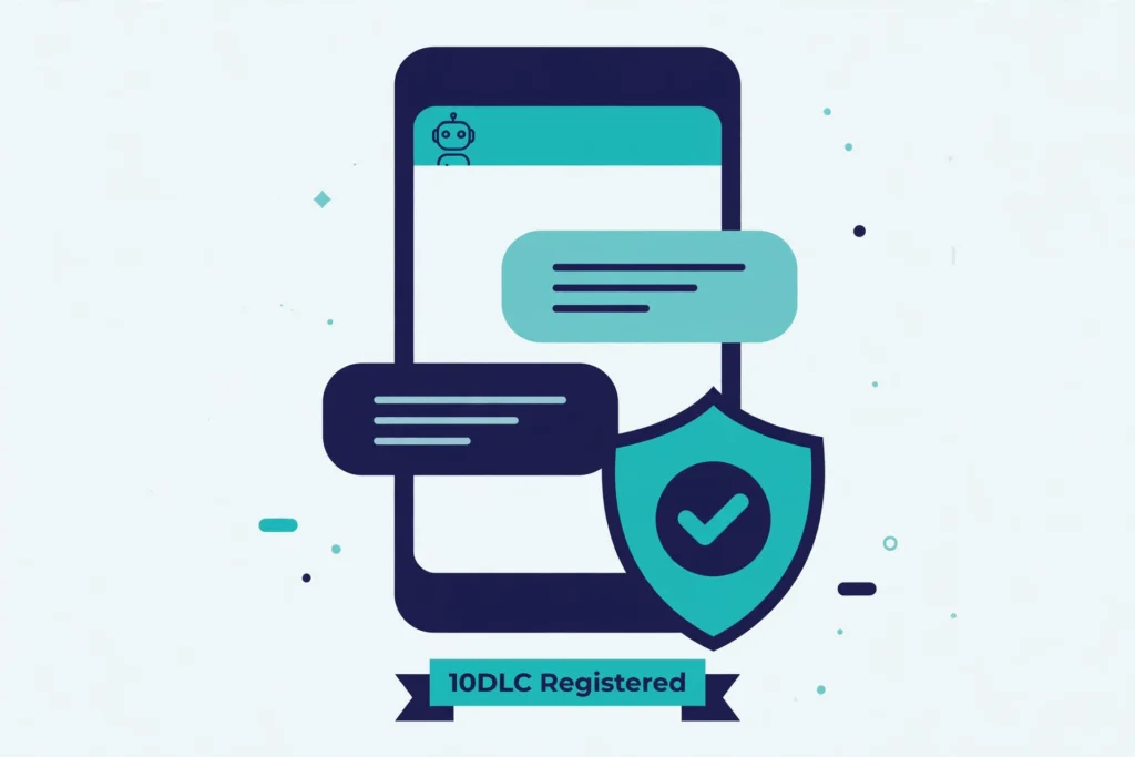 Illustration of a verified 10DLC registration with a shield and chat bubbles.