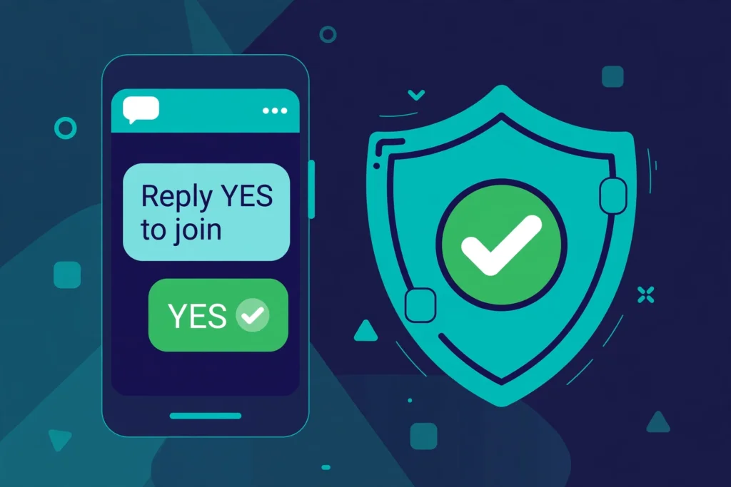 Chat bubble and shield illustration showing a double opt-in confirmation.