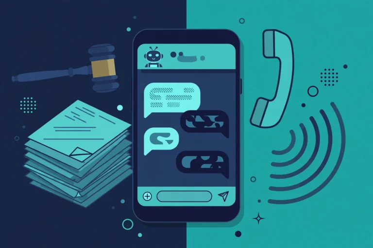 Editorial illustration of a smartphone showing an AI chatbot marketing text conversation, with a gavel and legal document on one side and a telephone with sound waves on the other.