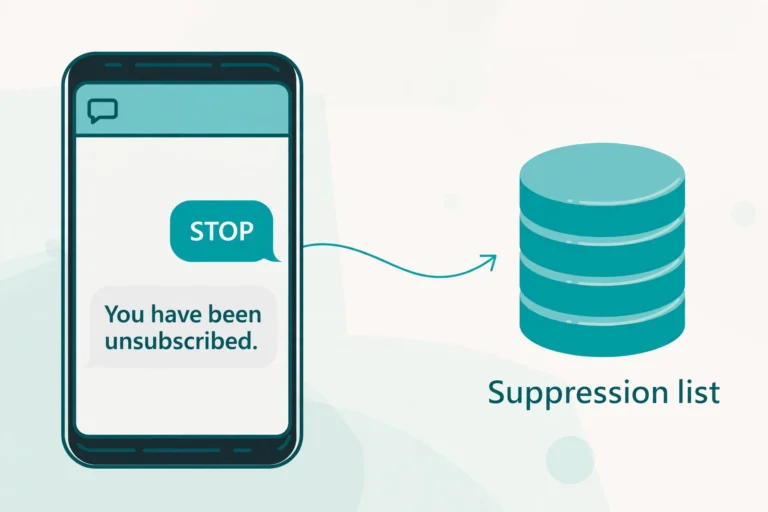 A phone showing a user texting STOP and the chatbot's single unsubscribe confirmation, with a flow arrow into a suppression list database.