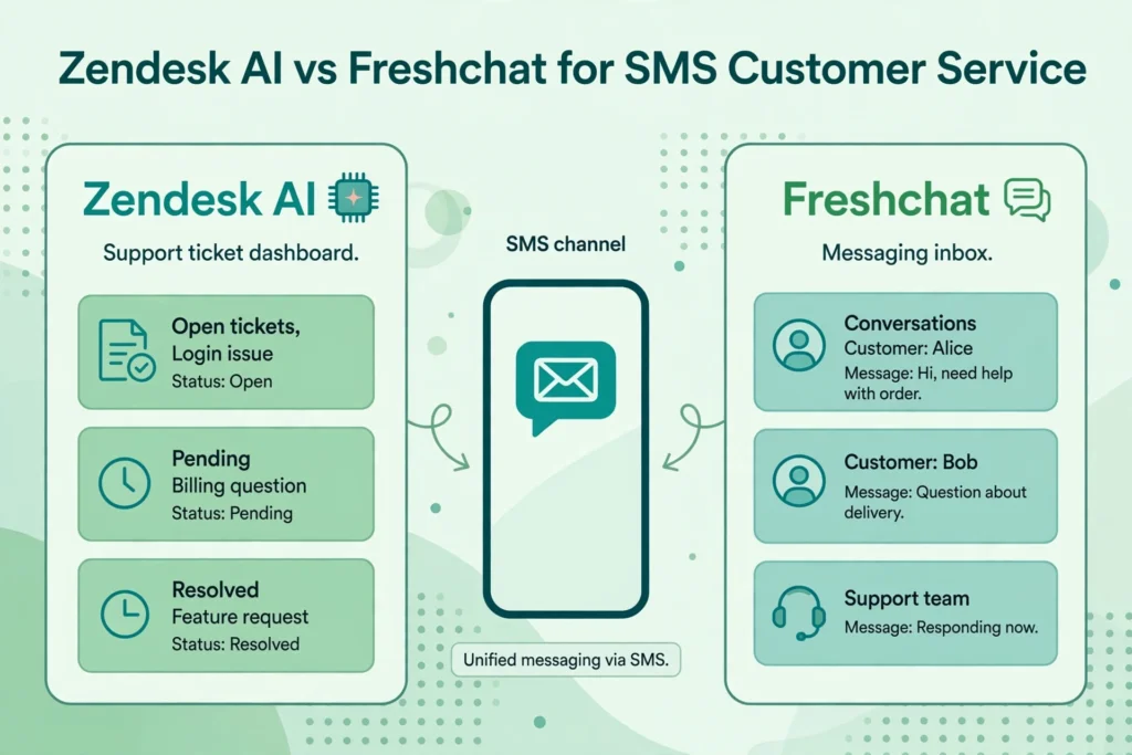 Illustration of a Zendesk AI support ticket dashboard and a Freshchat messaging inbox bridged by a phone with an SMS icon.