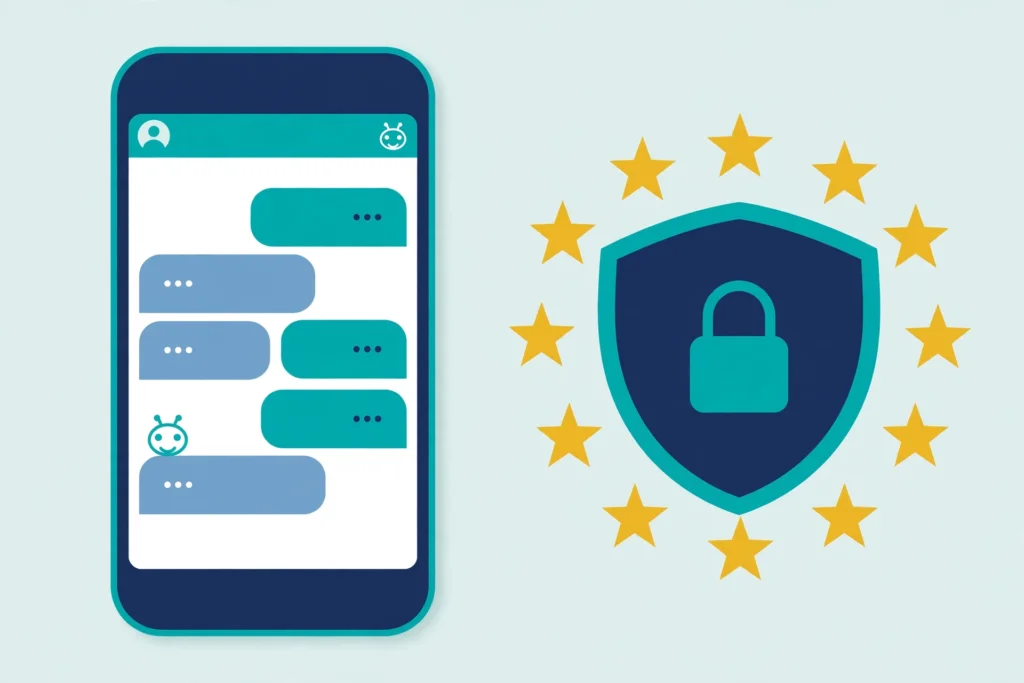 A smartphone showing an SMS chatbot conversation beside a privacy shield surrounded by a circle of gold stars.