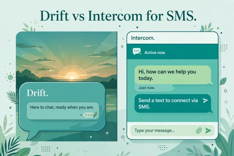 Illustration of a sunset over a Drift chat bubble next to a bright active Intercom chat window, titled Drift vs Intercom for SMS.