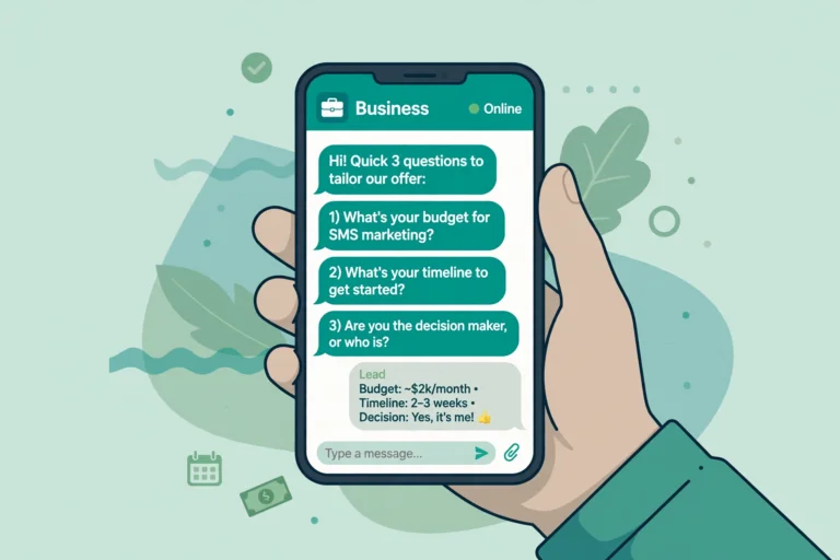 SMS chatbot lead qualification: a hand holding a phone showing a business asking budget, timeline, and decision maker questions over text